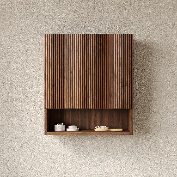 USHOWER Dark Walnut Bathroom Wall Cabinet, Thickened MDF Medicine Cabinet with 2 Fluted Doors & Open Shelf, Over the Toilet Storage Cabinet for Laundry Room, Living Room, Kitchen, Wall Mounted