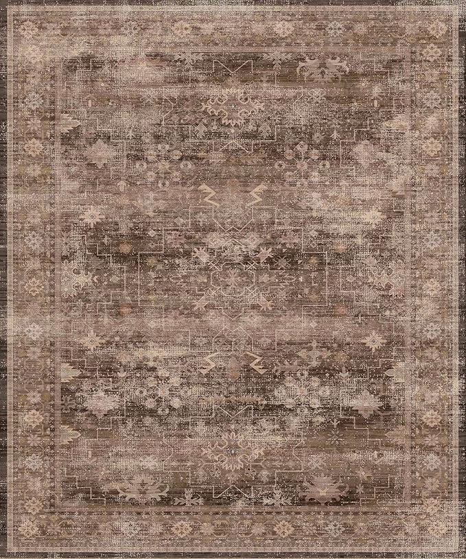 Hazo Haus Brown Rug for Living Room 10x12 - Large Vintage Western Eclectic Unique Neutral Taupe, Washable Low Pile Non-Slip Area Rug for Dining Under Table, Bedroom Under Bed, Home Office