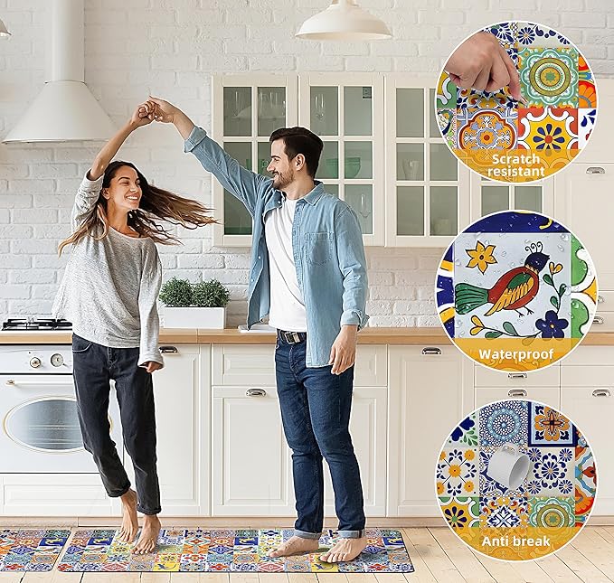 weesire Boho Kitchen Rugs Set 2 Pieces Memory Foam Colorful Ceramic Comfort Tile Floor Mat Anti Fatigue Non-Skid PVC Runner Rug Water & Oil Proof Carpet for Kitchen Laundry Sink,17.3x28+17.3x47 Inch