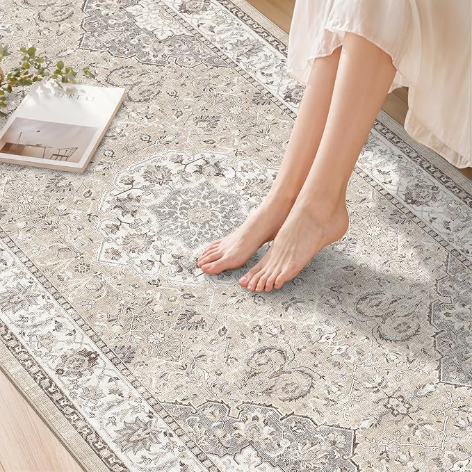 Hallway Washable Runner Rug - 2x10 Kitchen Rugs Entryway Rug Runner Vintage Soft Floor Mat Non Slip Indoor Farmhouse Carpet for Bathroom Living Room Bedroom (2 X 10, Beige)
