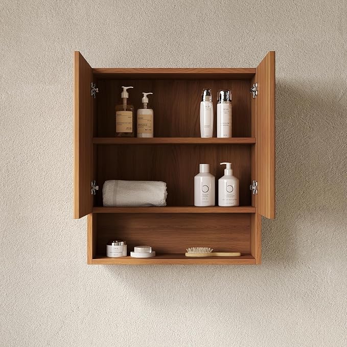 USHOWER Brown Oak Bathroom Wall Cabinet, Thickened MDF Medicine Cabinet with 2 Fluted Doors & Open Shelf, Over the Toilet Storage Cabinet for Laundry Room, Living Room, Kitchen, Wall Mounted